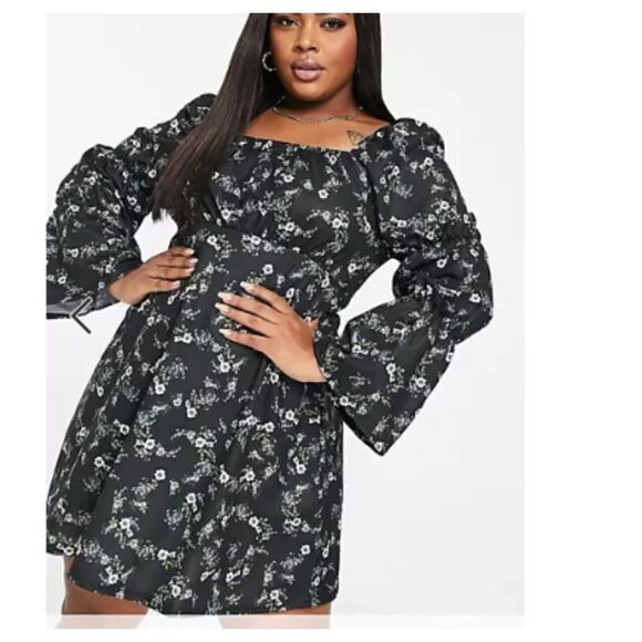 ASOS DESIGN Curve Dress Mini Tea Bubble Ruched Sleeves Smocked Style Plus 14 - Picture 1 of 12